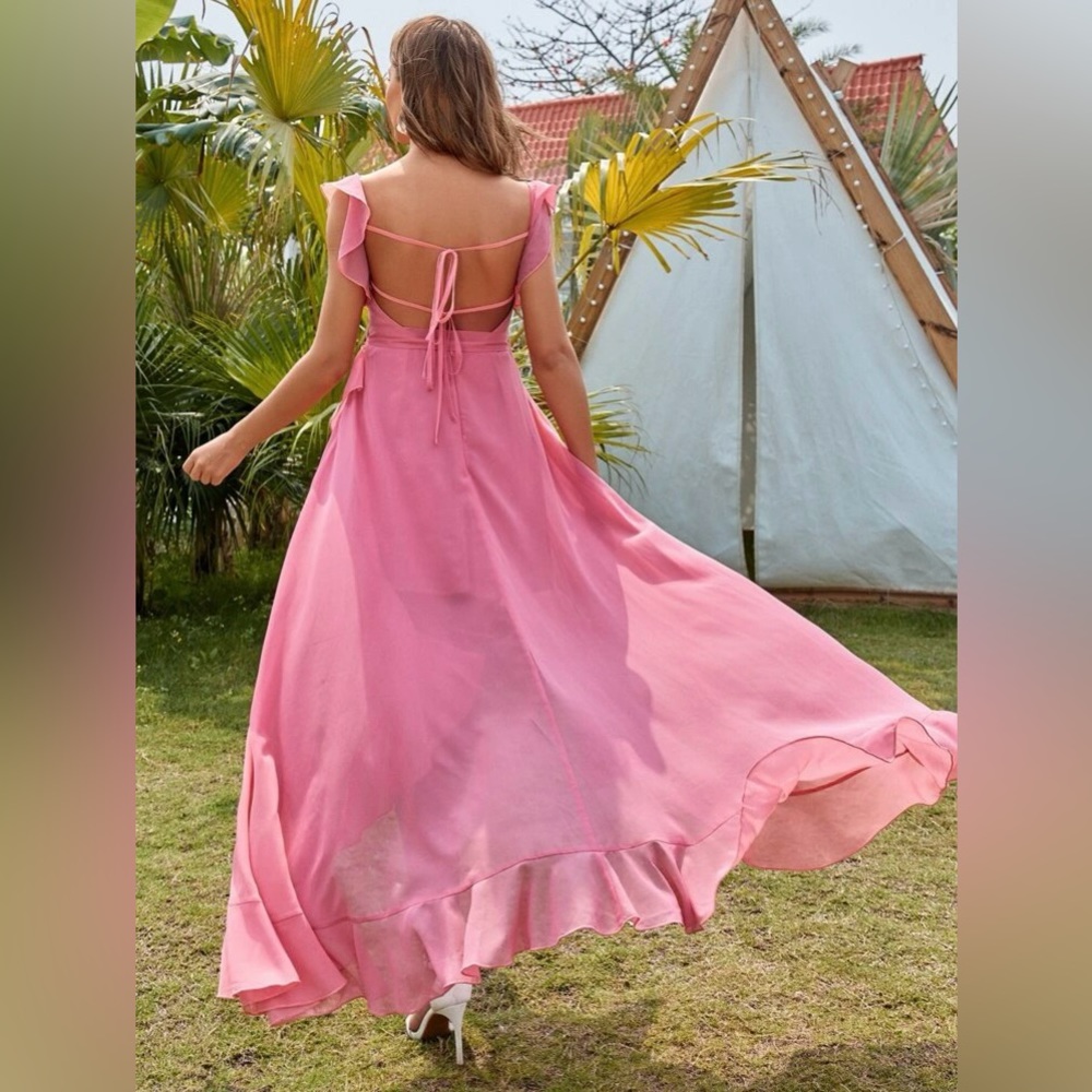 Solid ruffle boho backless pink coral peach dress M